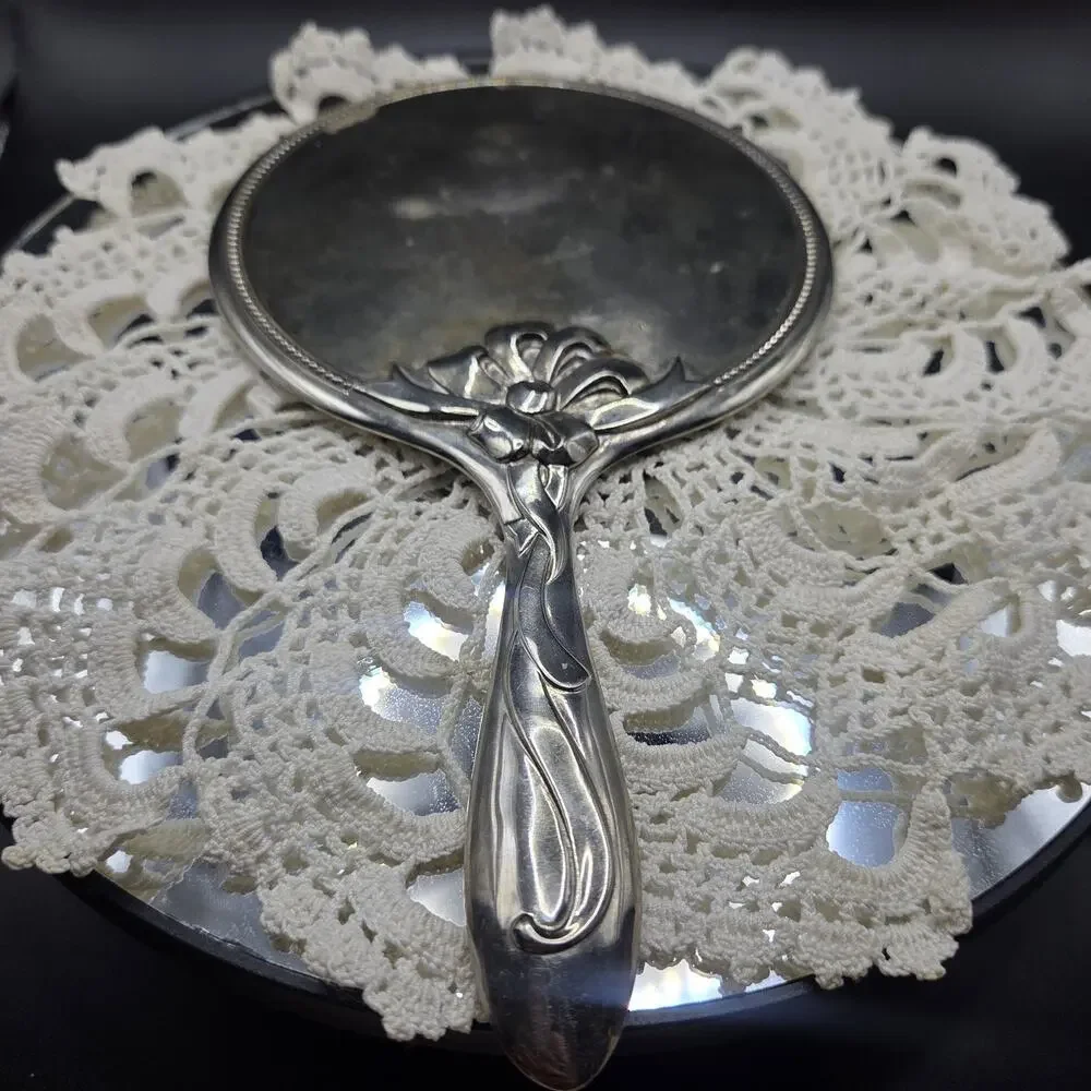 Heavy Vintage Antique Silver Plated Ornate Vanity Hand Mirror 8.75” x 5”